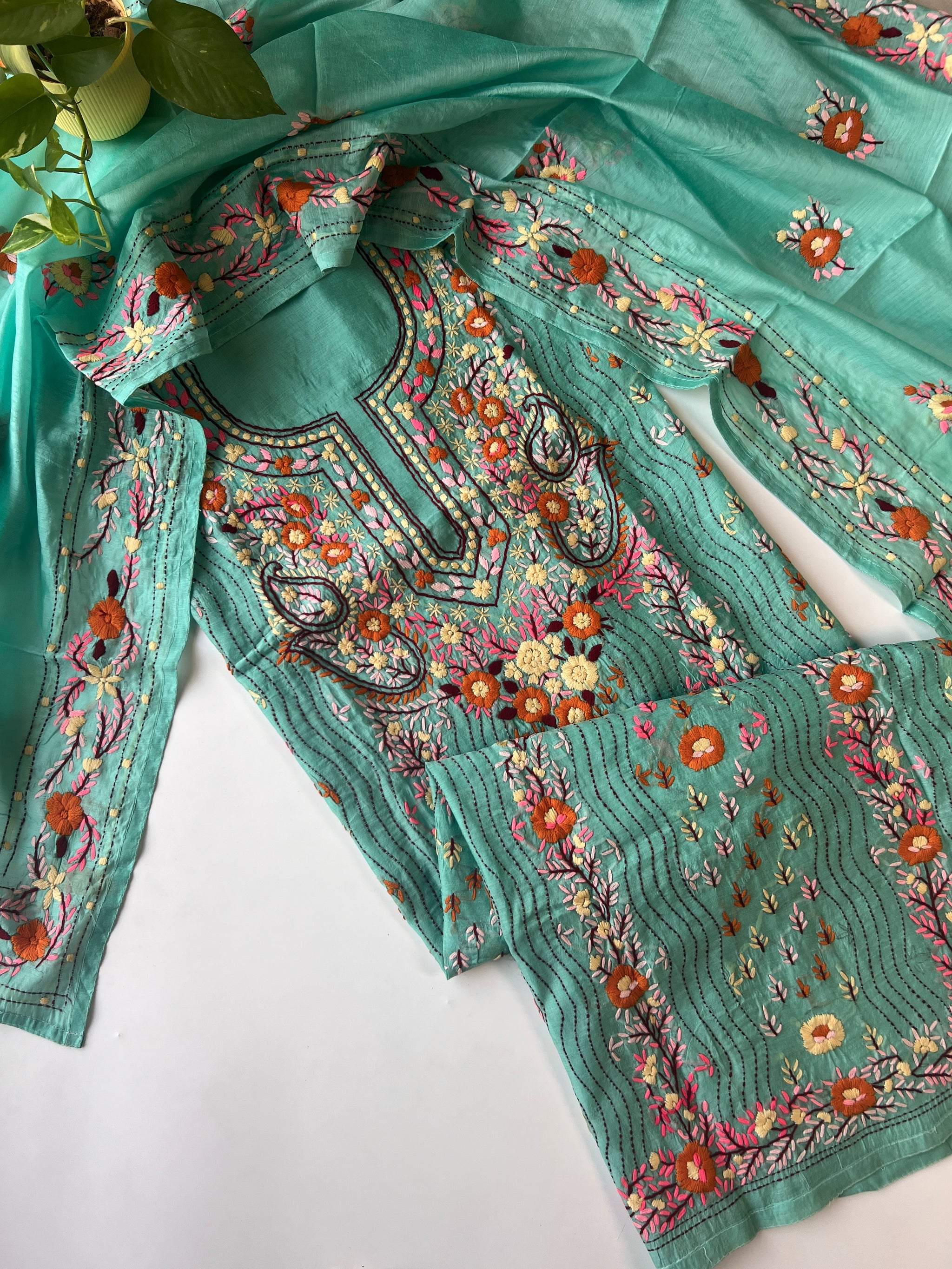 Chanderi Phulkari embroidery Unstitched suit material