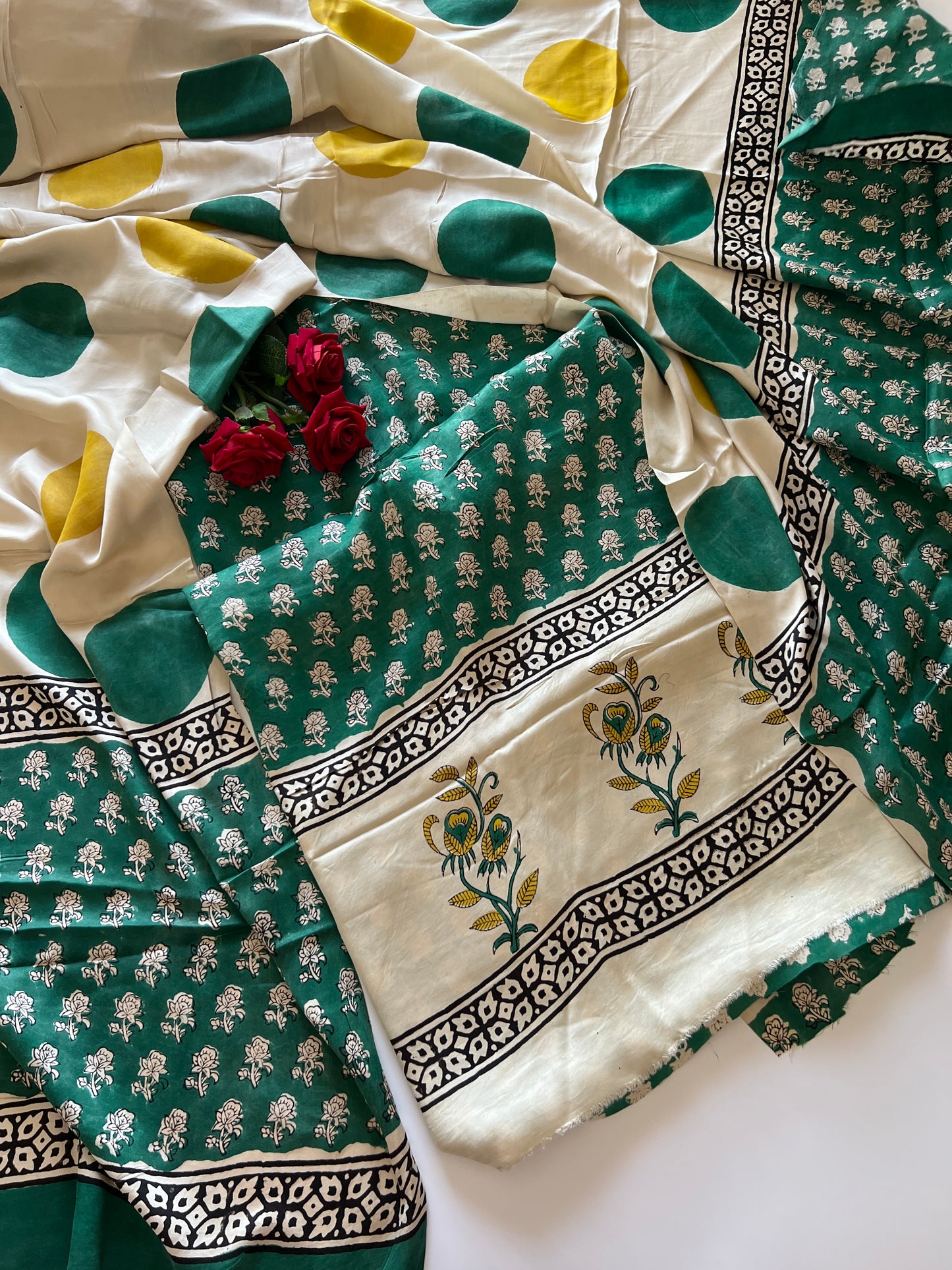 Green Original Handblock Ajrakh print on Modal fabric Unstitched suit set