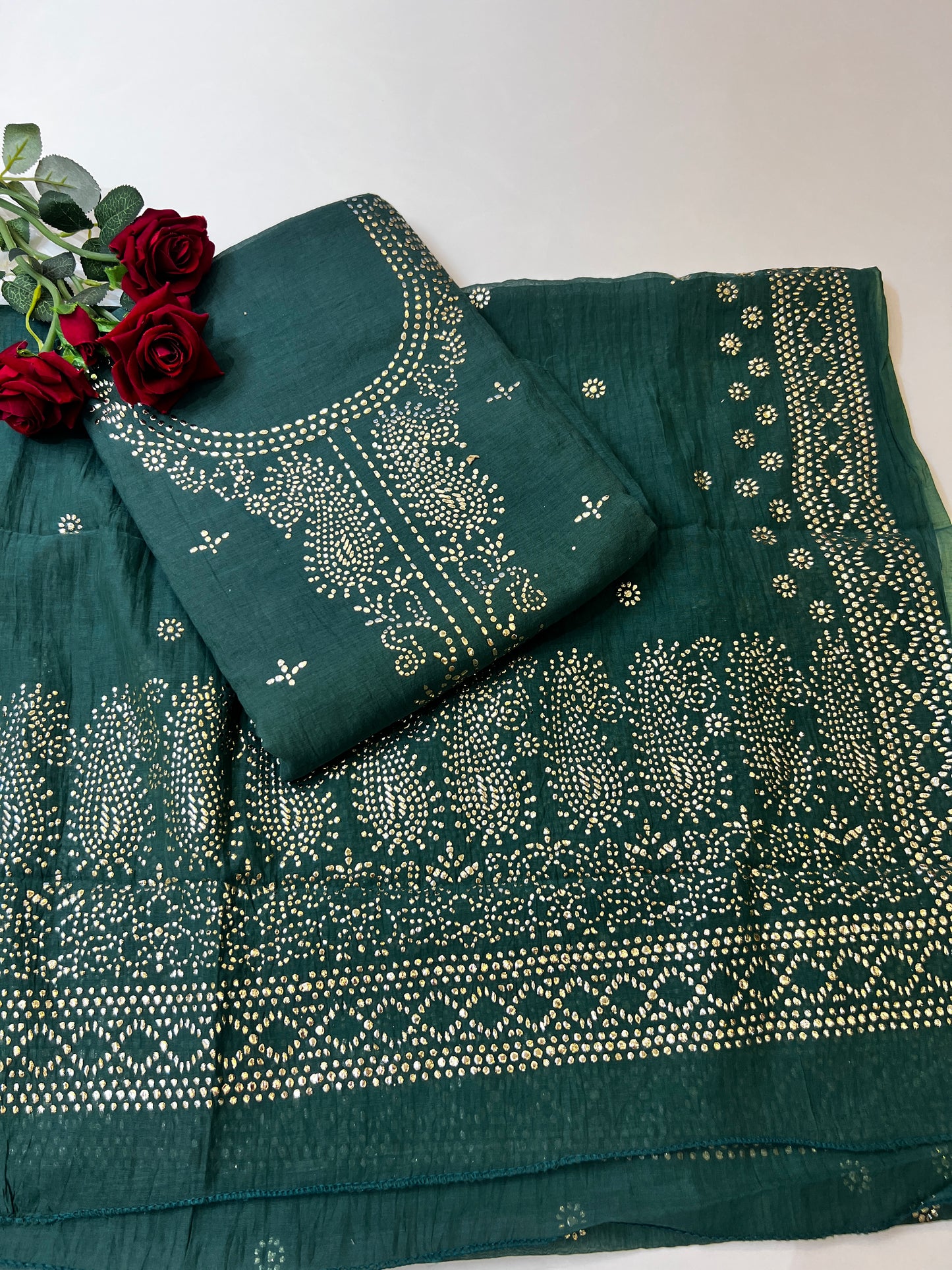 Green Mul Chanderi dress material with mukaish