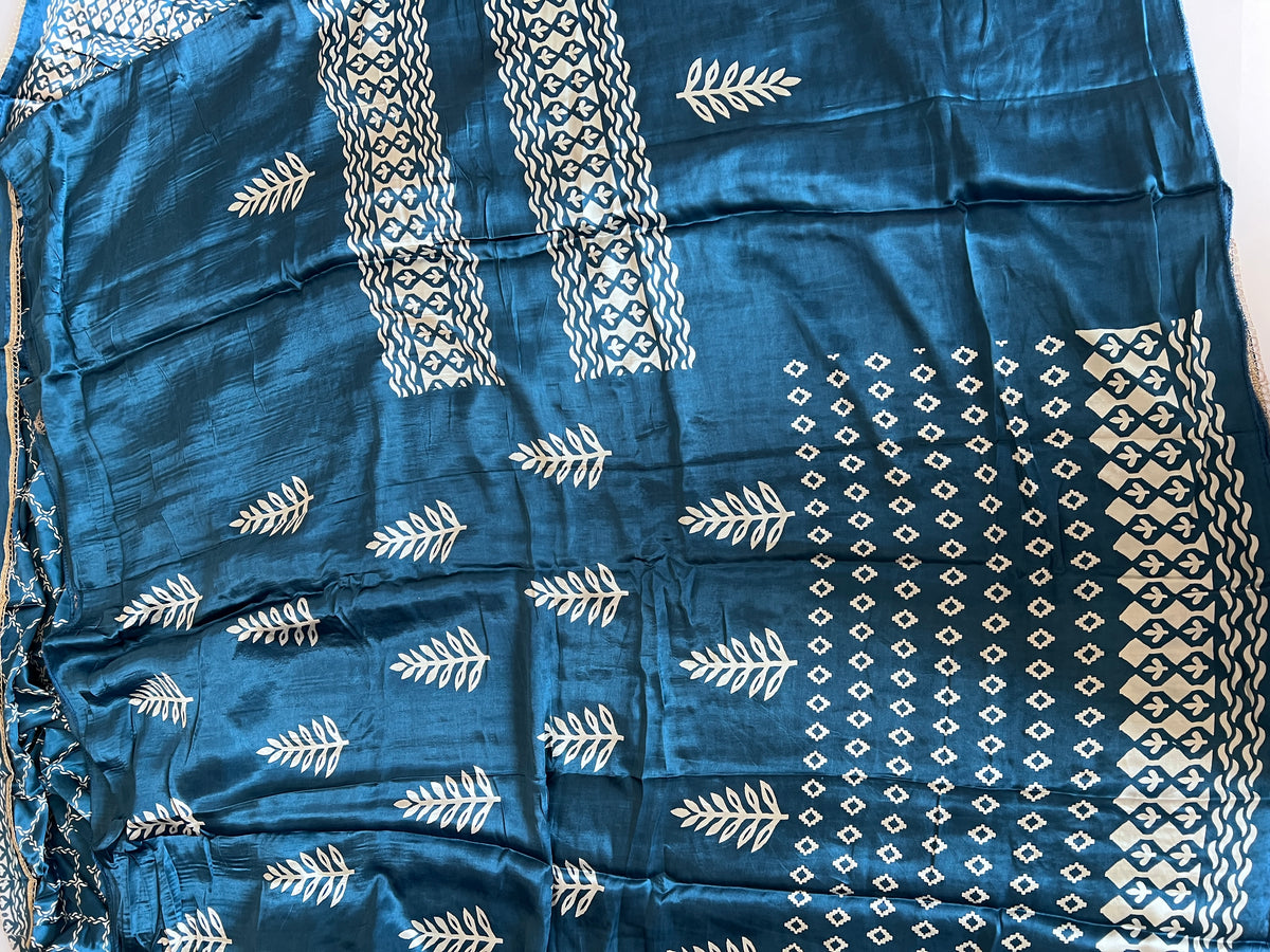 Blue Gajji Silk With gotta work neck Unstitched suit