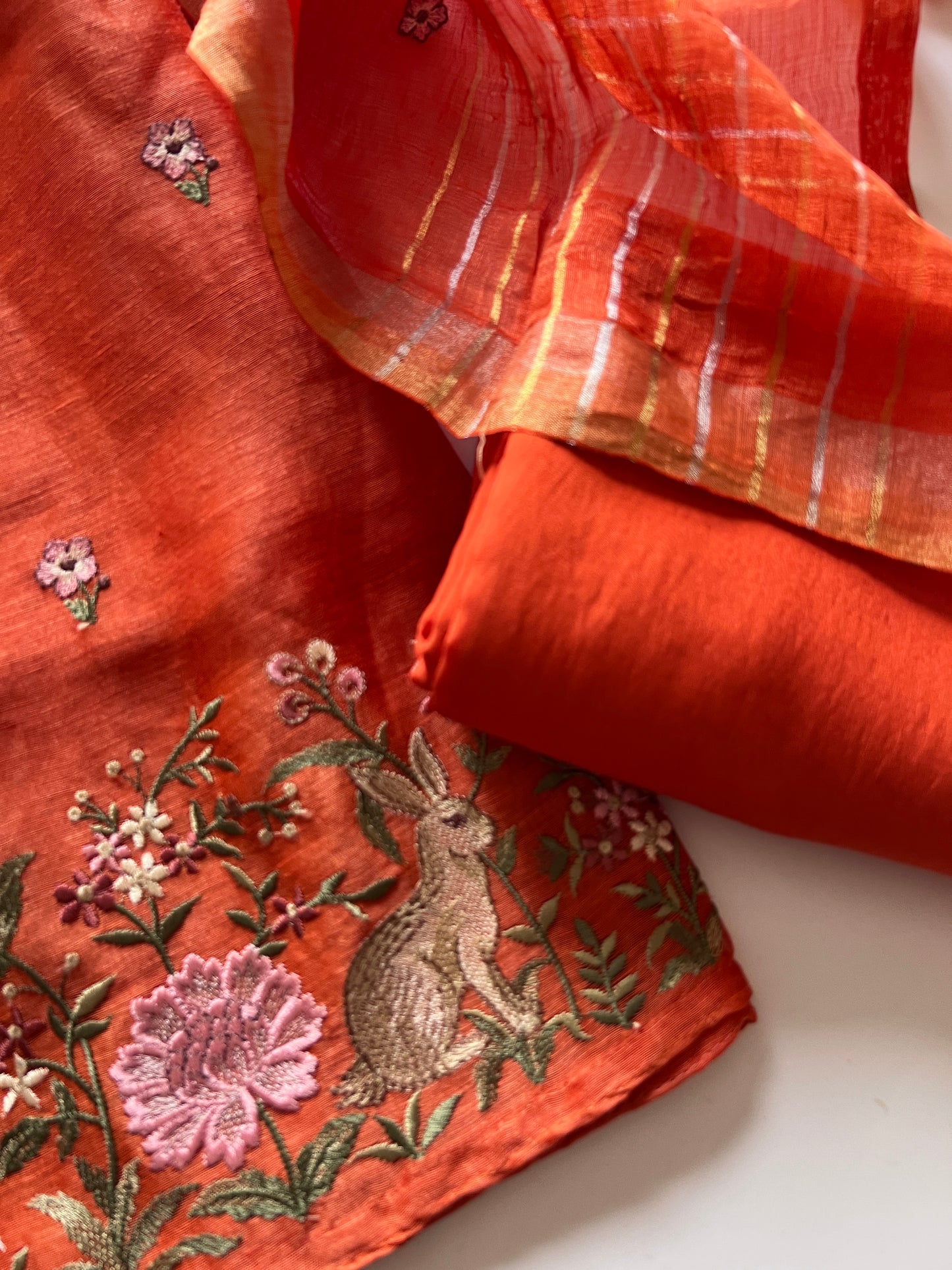Orange Pure Silk Linen embroidered premium unstitched dress material