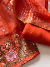 Orange Pure Silk Linen embroidered premium unstitched dress material