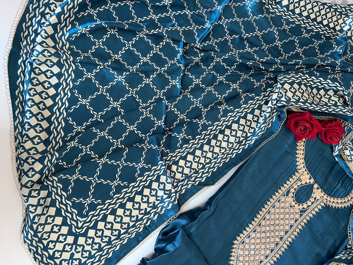 Blue Gajji Silk With gotta work neck Unstitched suit