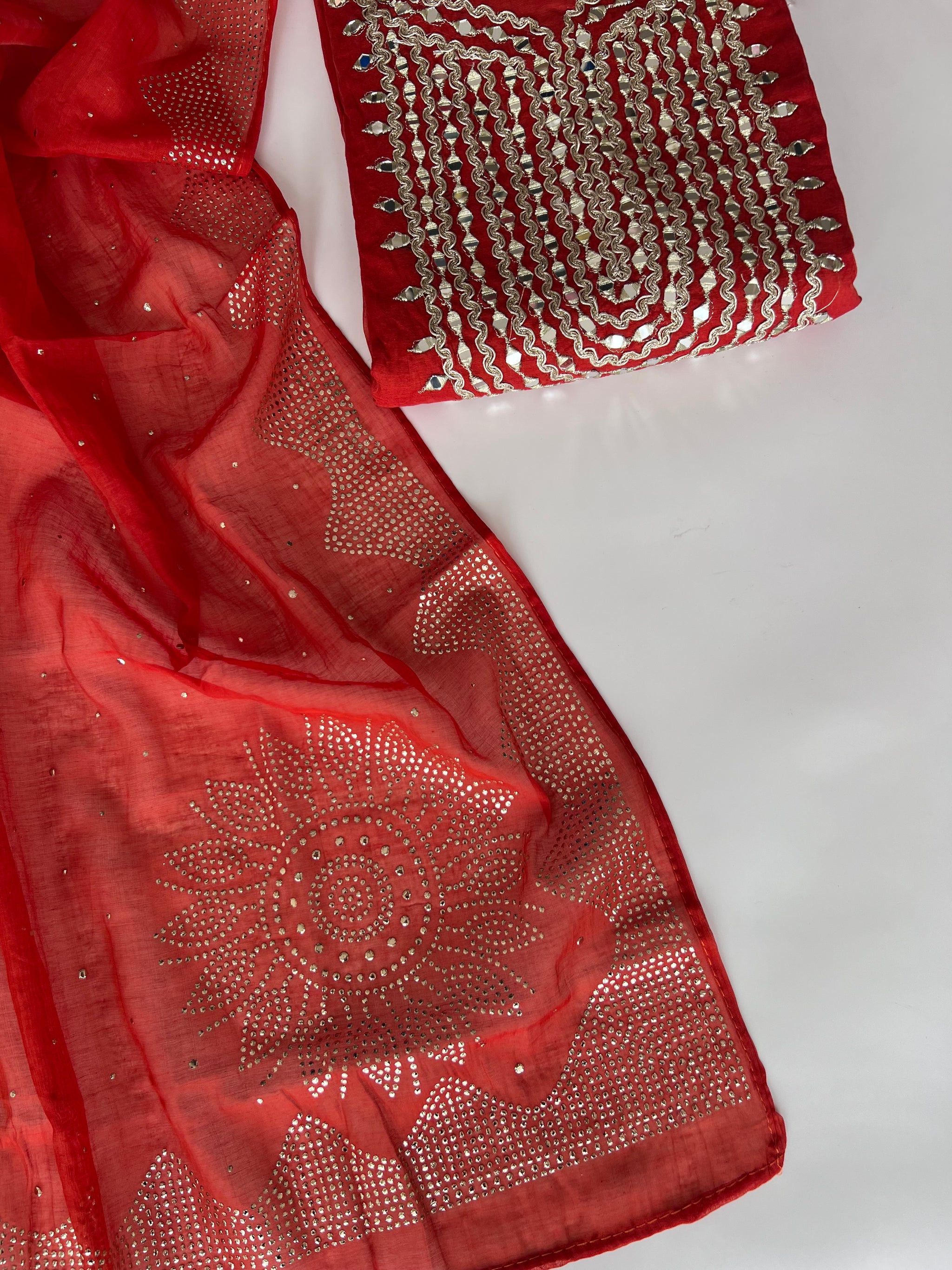 Mirror work on Mul Chanderi dress material with mukaish work dupatta