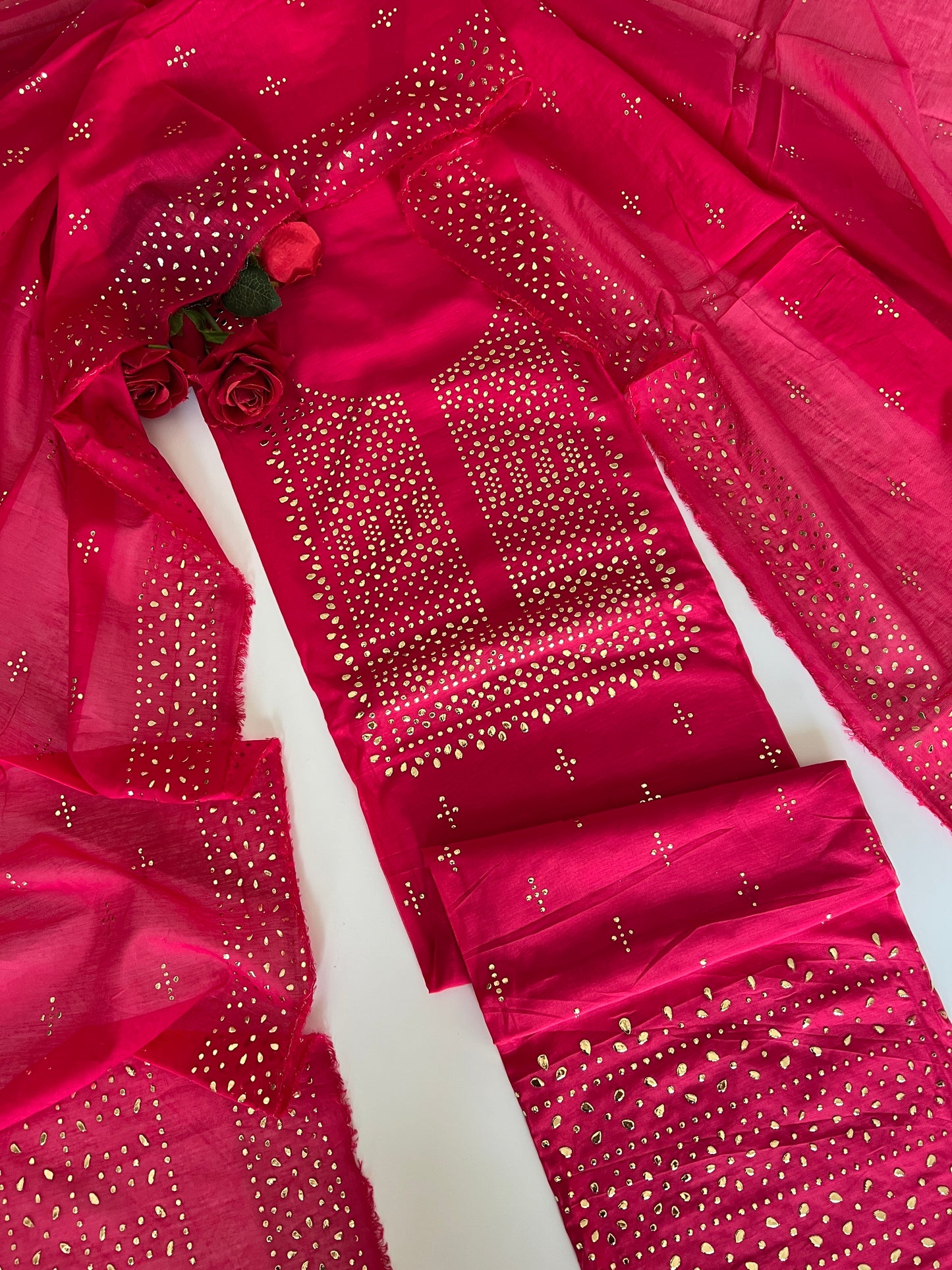 Pink Mul Chanderi dress material with mukaish geometric