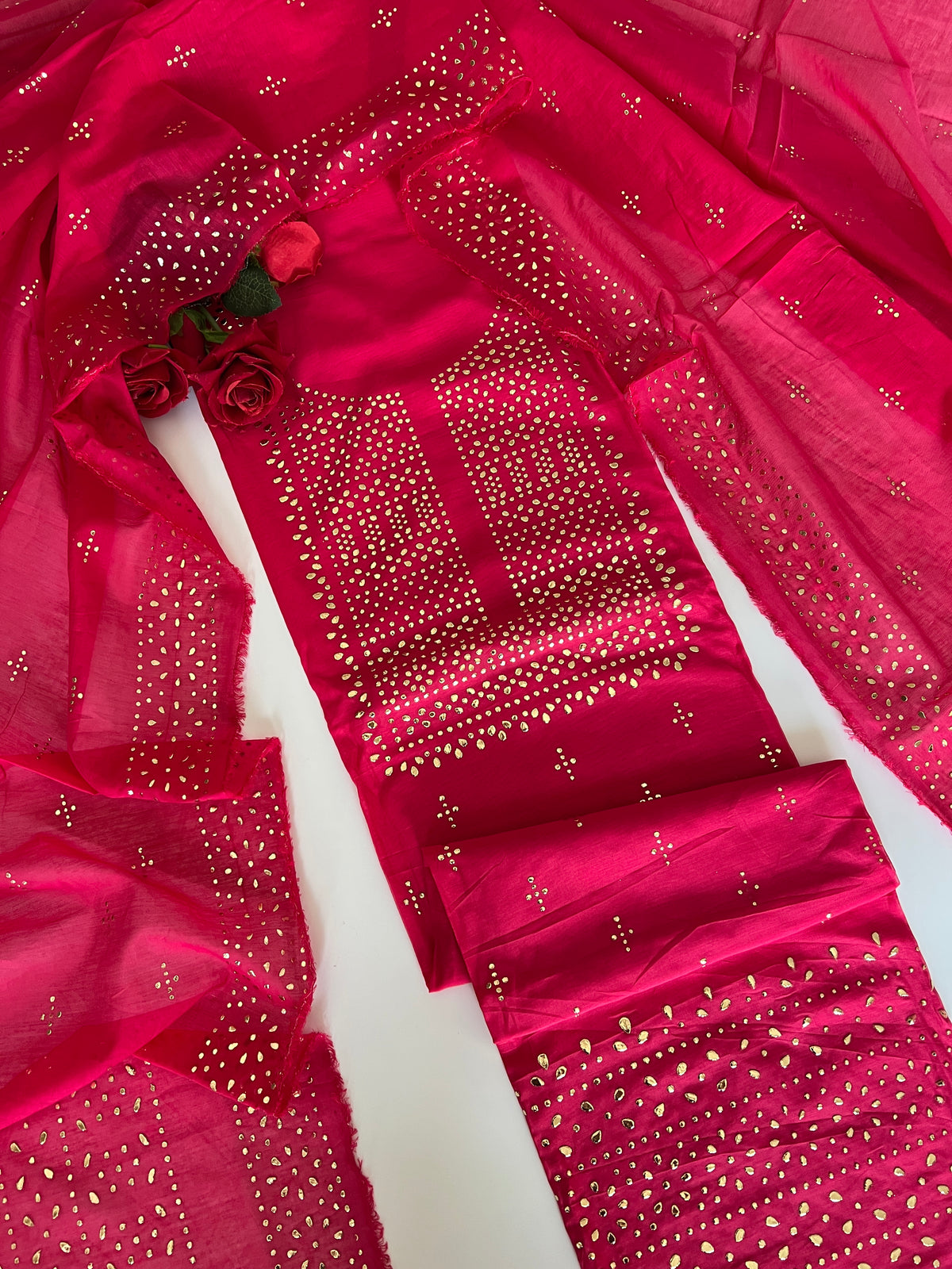 Pink Mul Chanderi dress material with mukaish geometric
