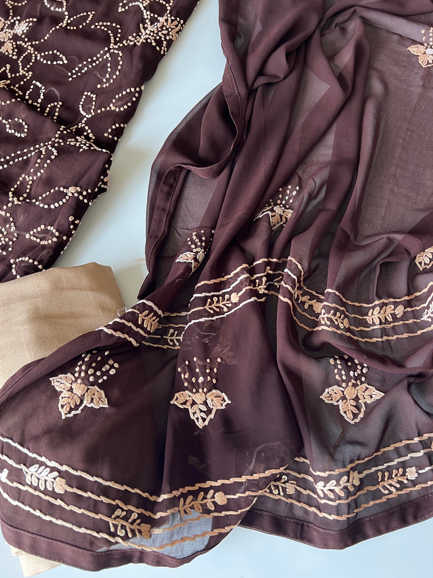 Brown Georgette Knot Embroidery Unstitched suit set 3 pc