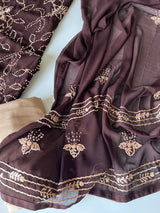 Brown Georgette Knot Embroidery Unstitched suit set 3 pc