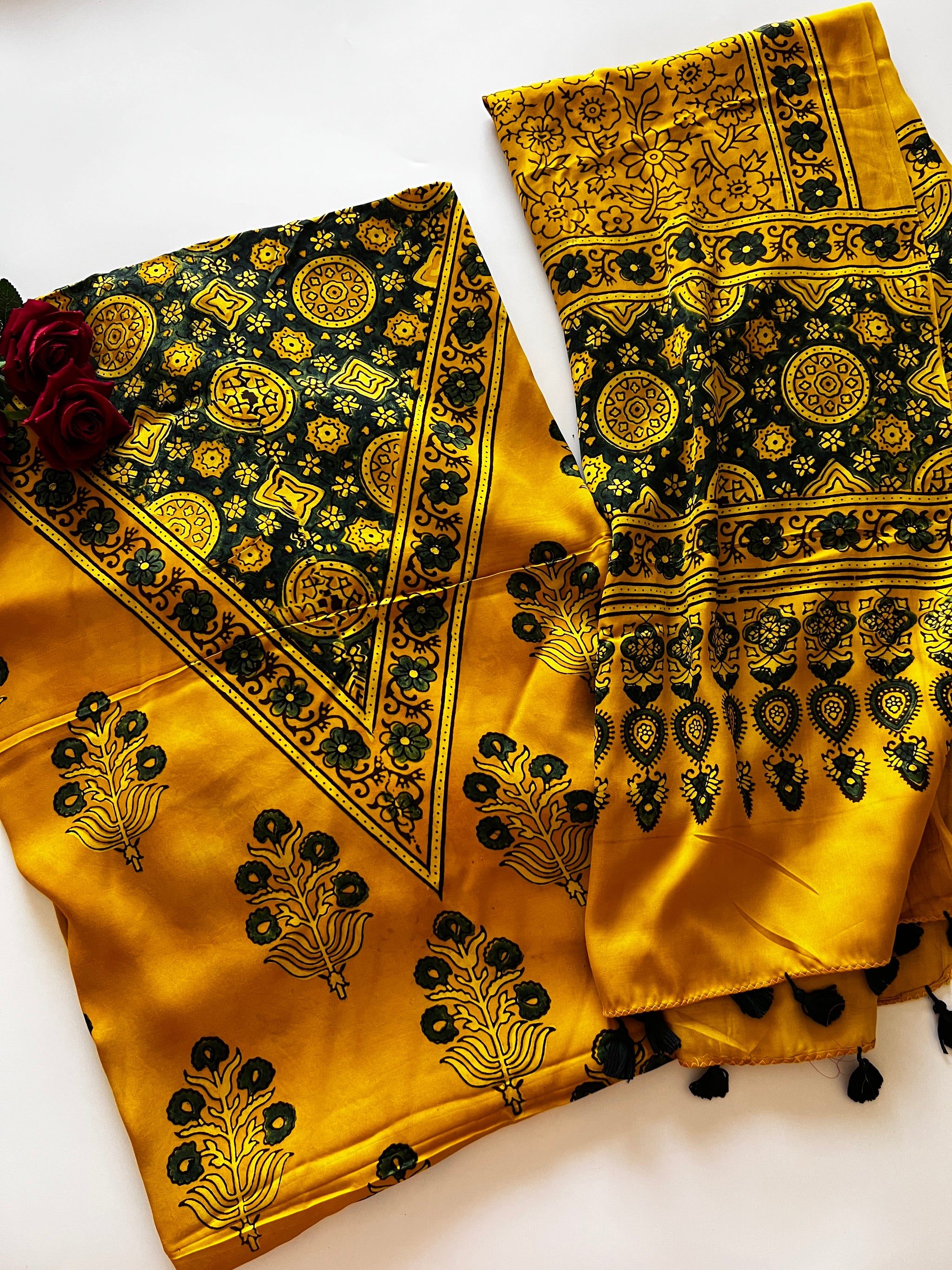 Yellow Original Handblock Ajrakh print on Modal fabric Unstitched suit set