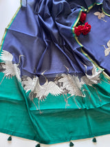 Pure Blue Green soft Chanderi flamingo embroidered Unstitched Dress material