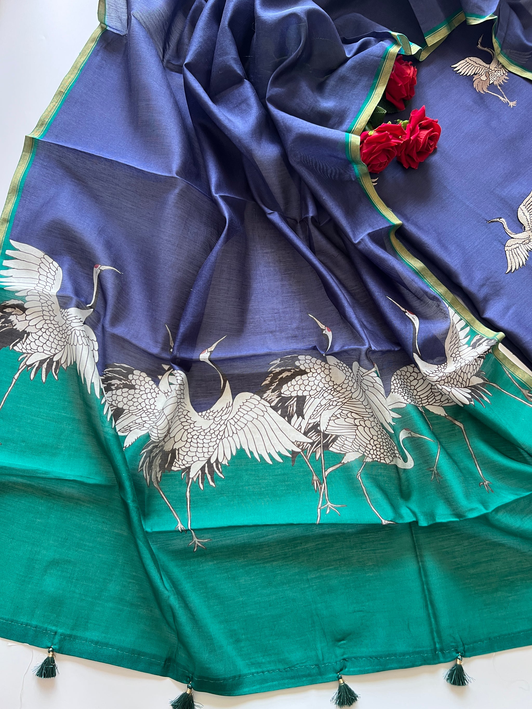 Pure Blue Green soft Chanderi flamingo embroidered Unstitched Dress material