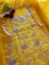 Pure Silk Organza Full embroidered premium unstitched suit in yellow