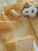 Pastel Yellow Mul Chanderi dress material with pitta and mukaish work dupatta