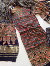 Blue Ajrakh Handblock print 3 pc fabric Unstitched suit set