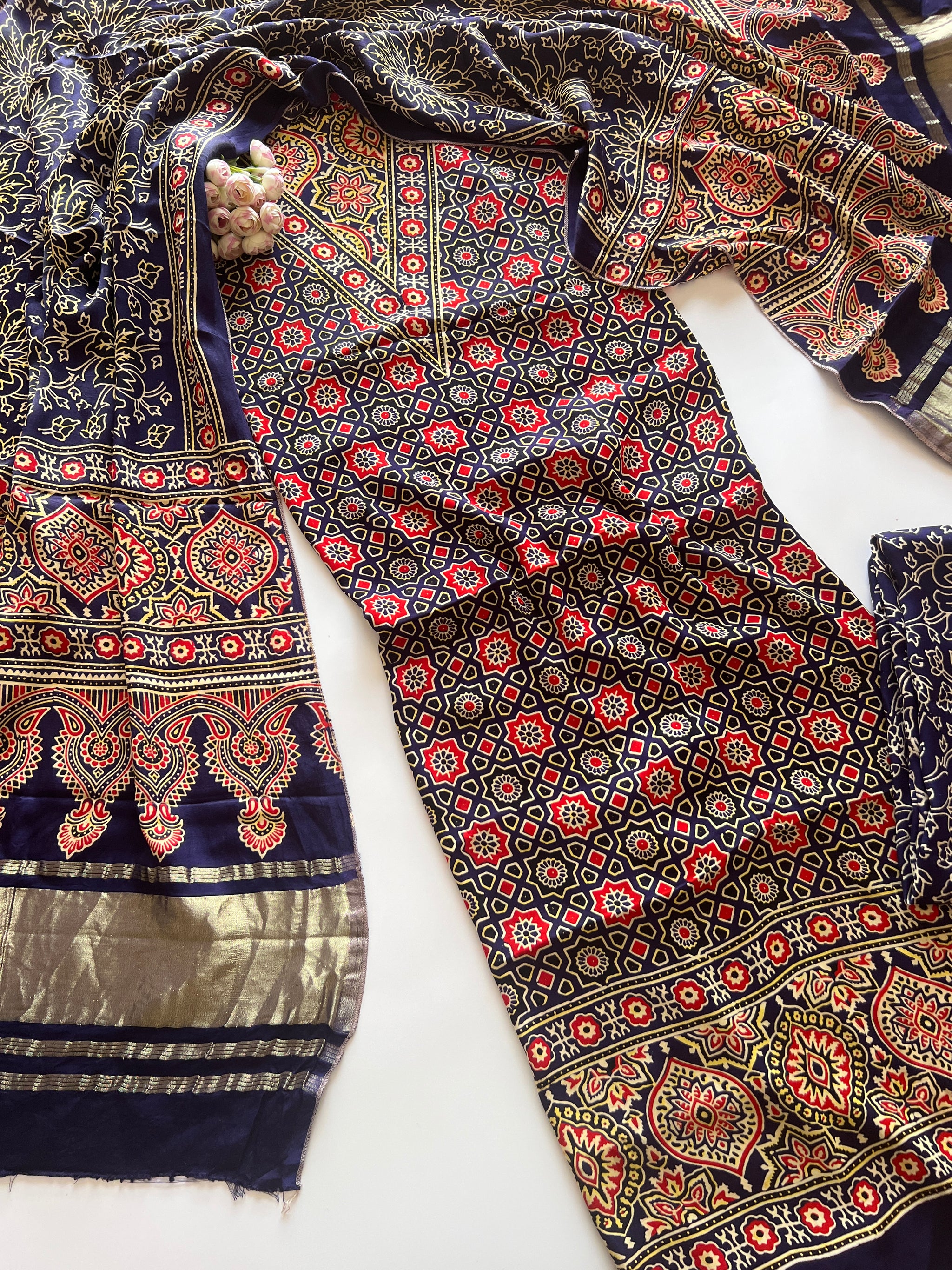 Blue Ajrakh Handblock print 3 pc fabric Unstitched suit set