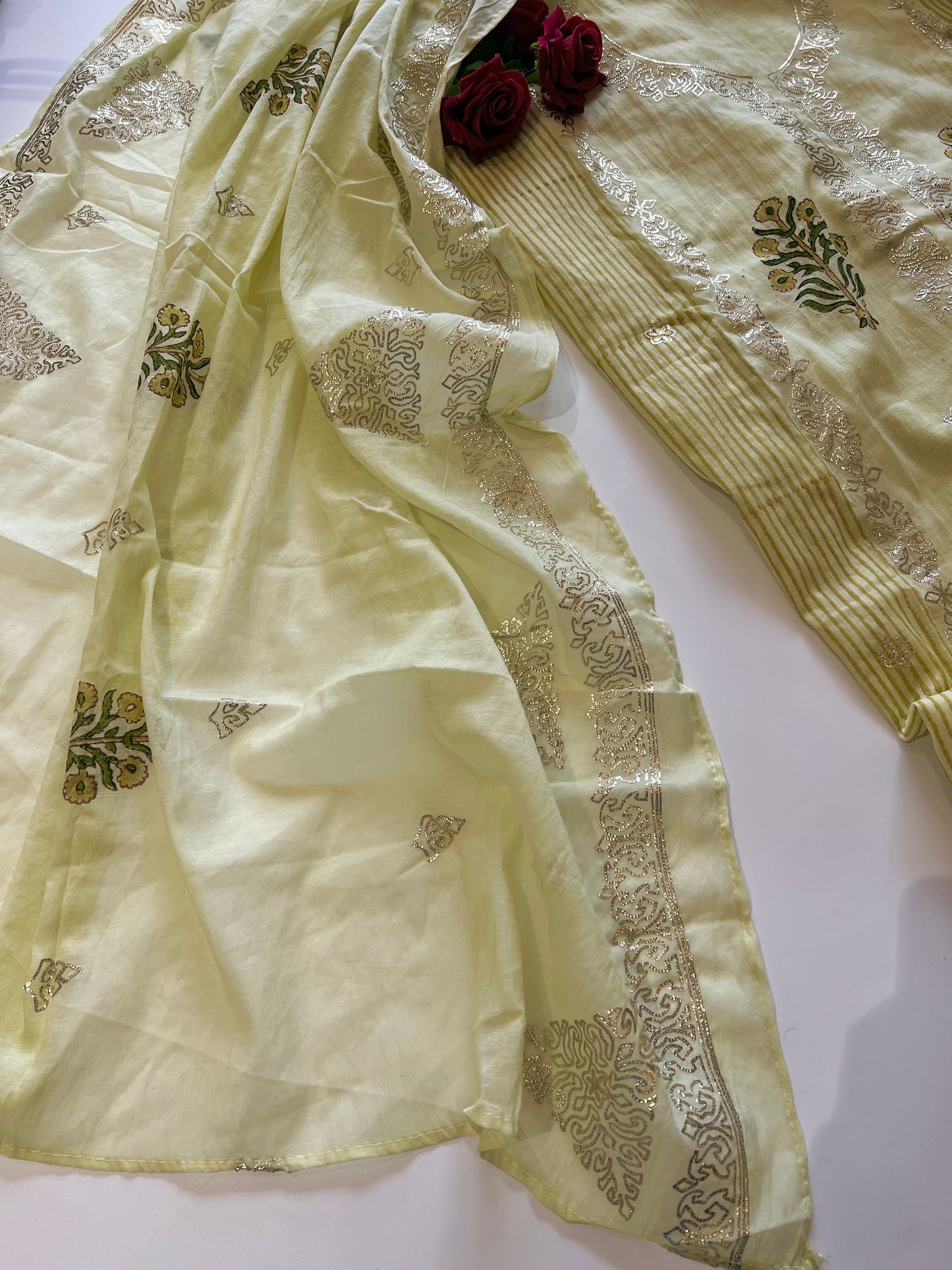 Block print and pitta work on Mul Chanderi dunstitched Suit set