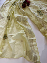 Block print and pitta work on Mul Chanderi dunstitched Suit set