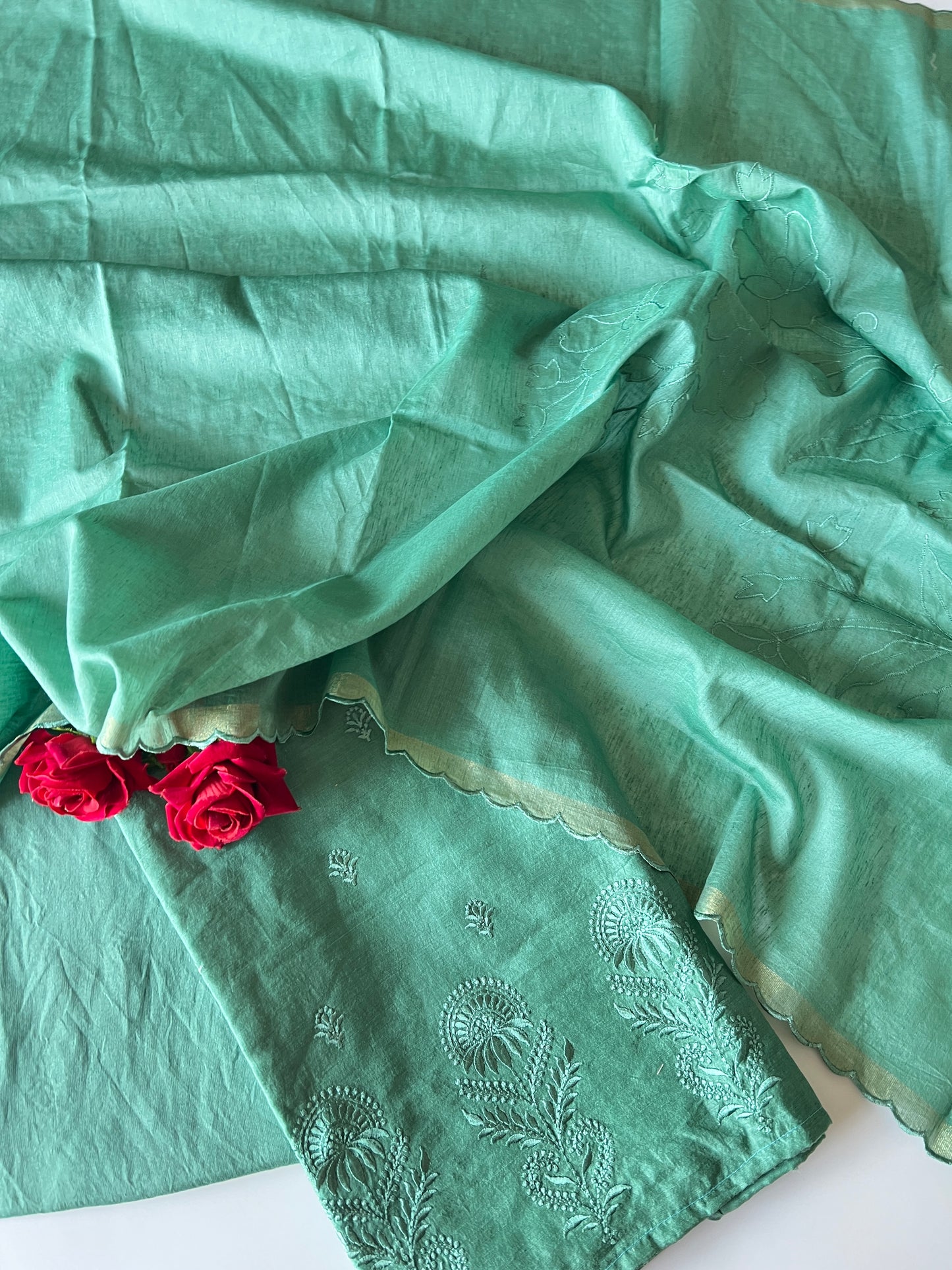 Green Pure Chanderi patchwork Embroidery scallop unstitched suit