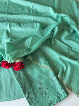 Green Pure Chanderi patchwork Embroidery scallop unstitched suit