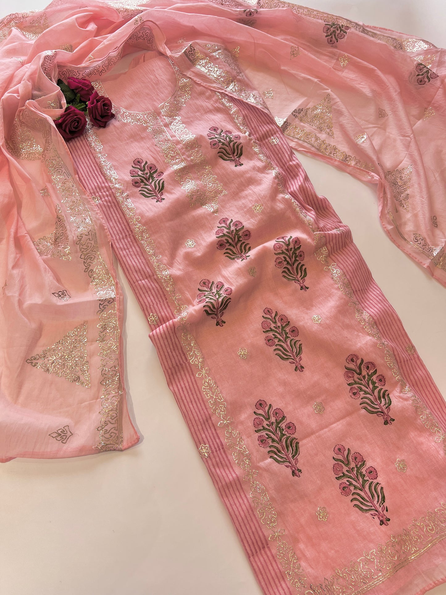 Block print and pitta work on Mul Chanderi dunstitched Suit set