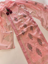 Block print and pitta work on Mul Chanderi dunstitched Suit set