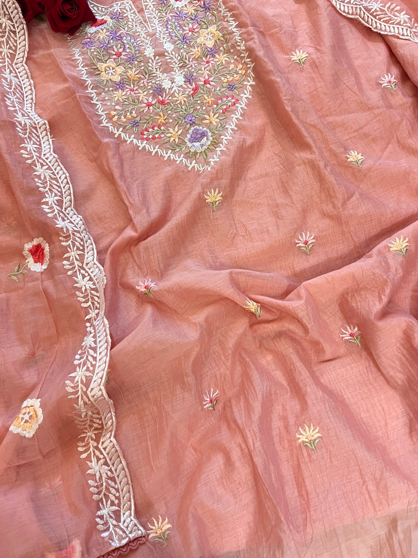Pink Mul Chanderi Thread embroidered Unstitched Suit