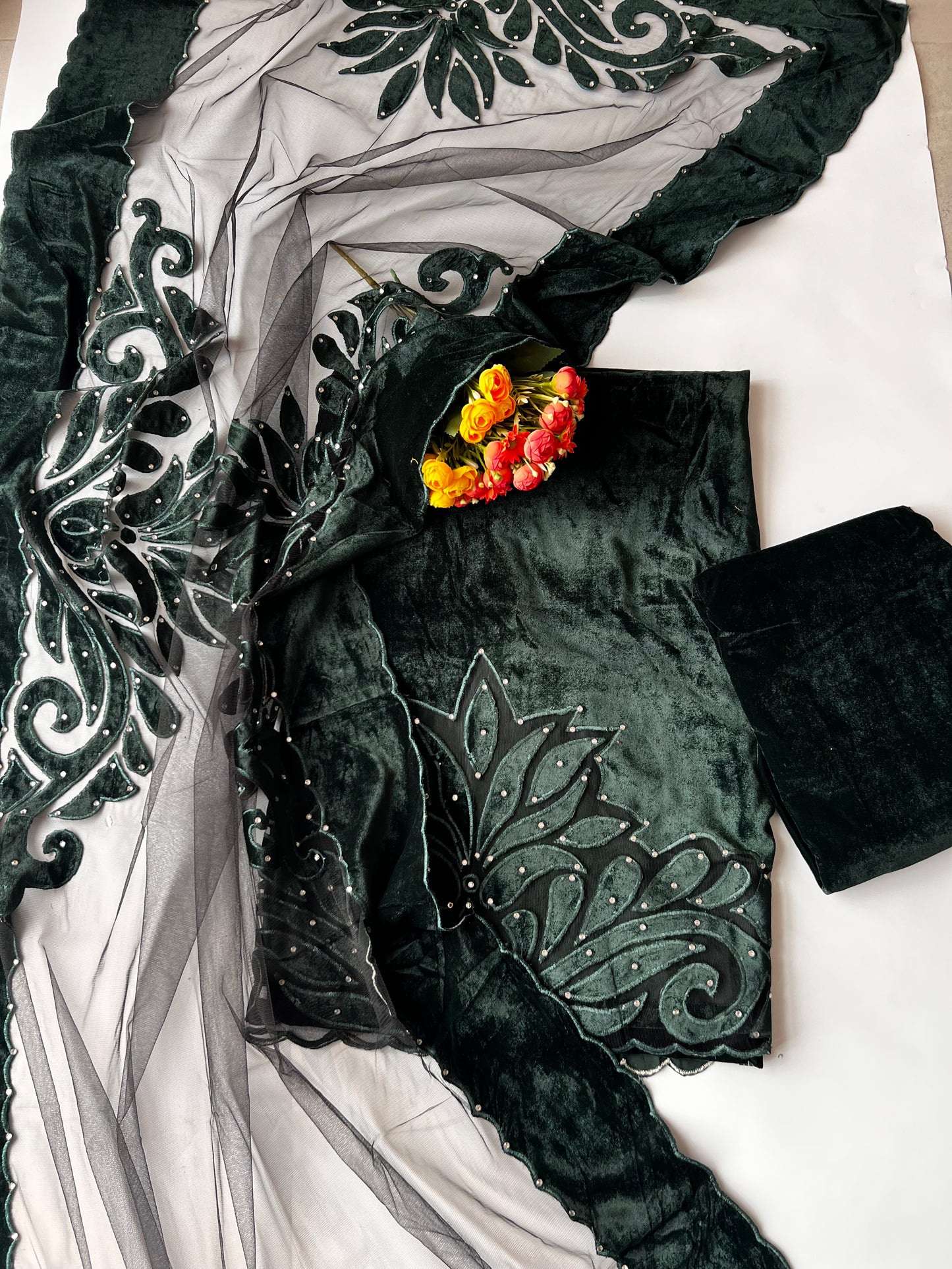 Green color Velvet cut work designer party wear unstitched suit set