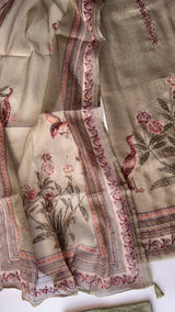 Shimmer Linen Unstitched Salwar Suit with Knot Embroidery and Bird Floral Print