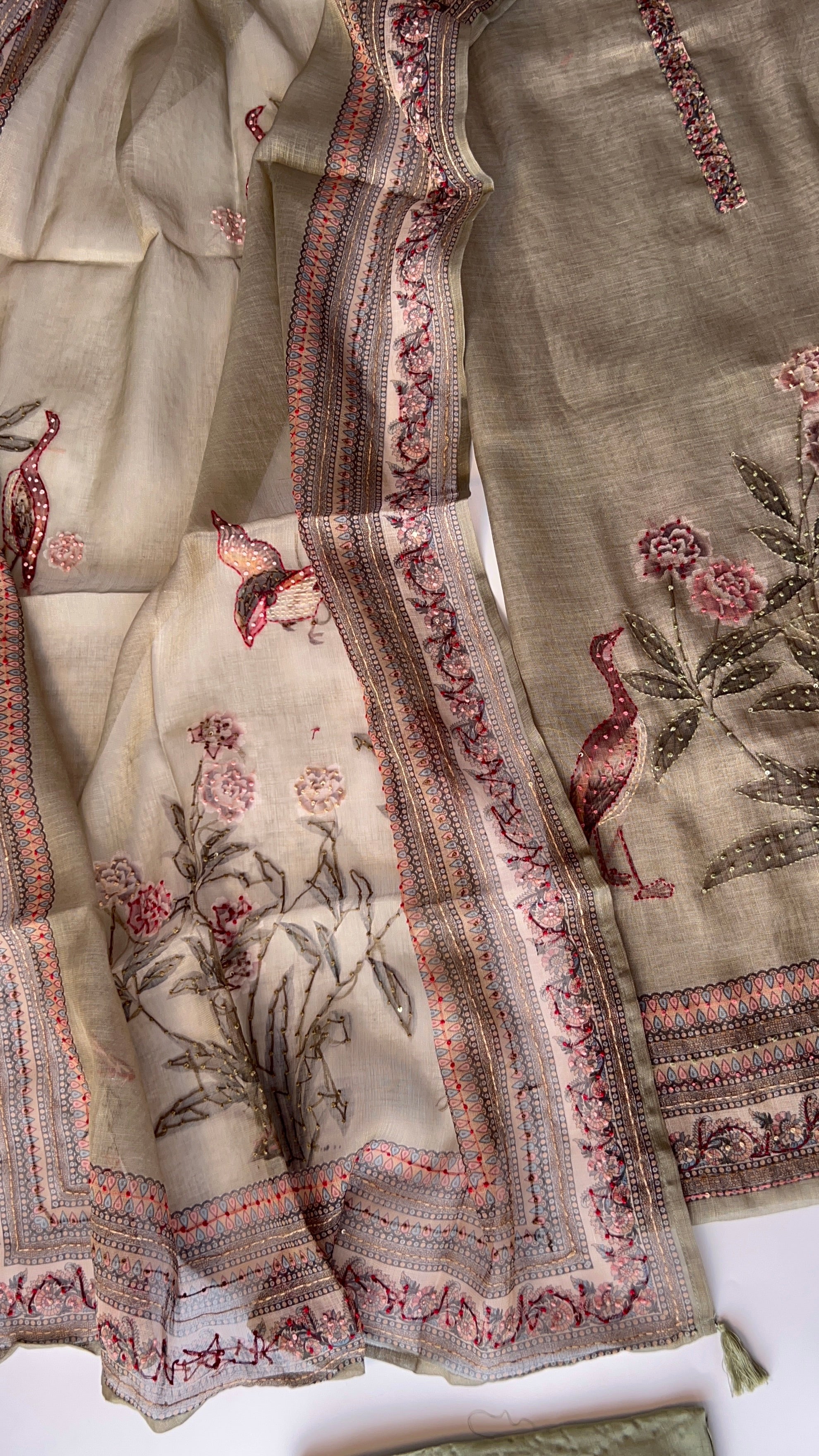 Shimmer Linen Unstitched Salwar Suit with Knot Embroidery and Bird Floral Print