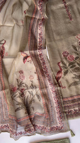Shimmer Linen Unstitched Salwar Suit with Knot Embroidery and Bird Floral Print