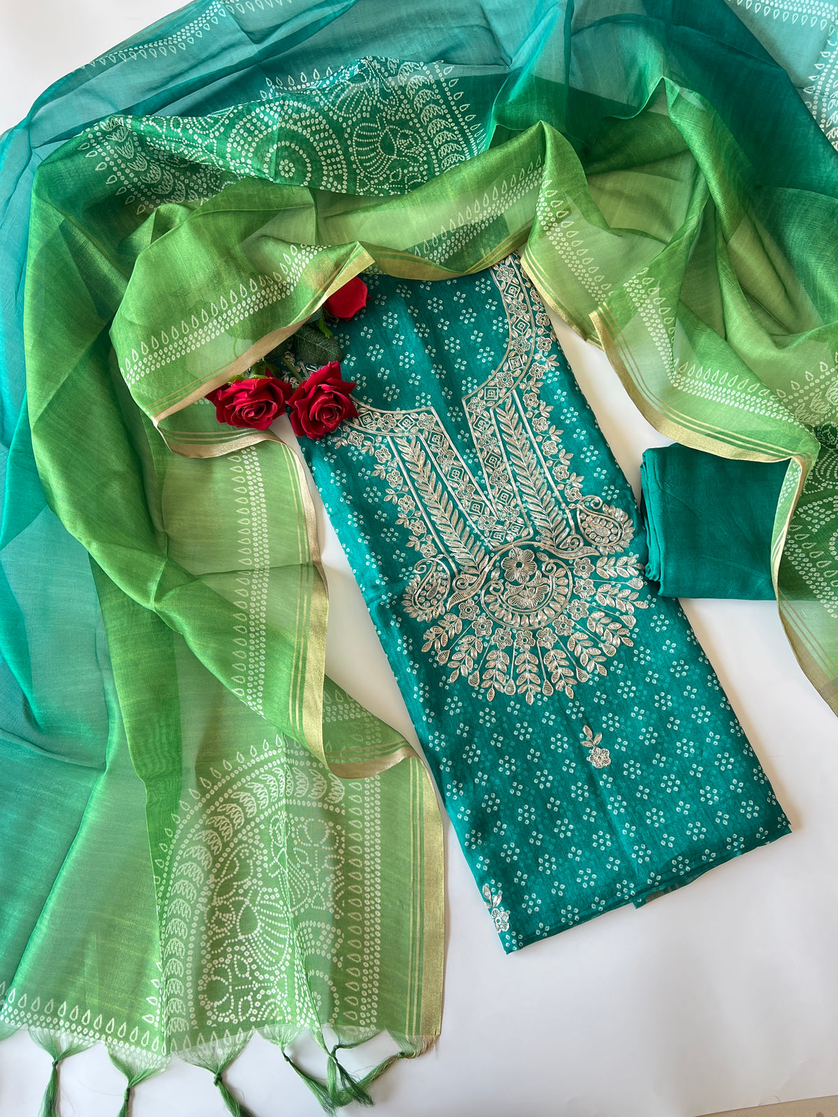 Green soft Organza crepe with Pitta work and bandej