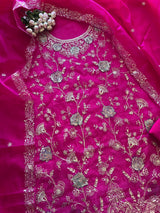 Pure Silk Organza Full embroidered premium unstitched suit in Hot Pink