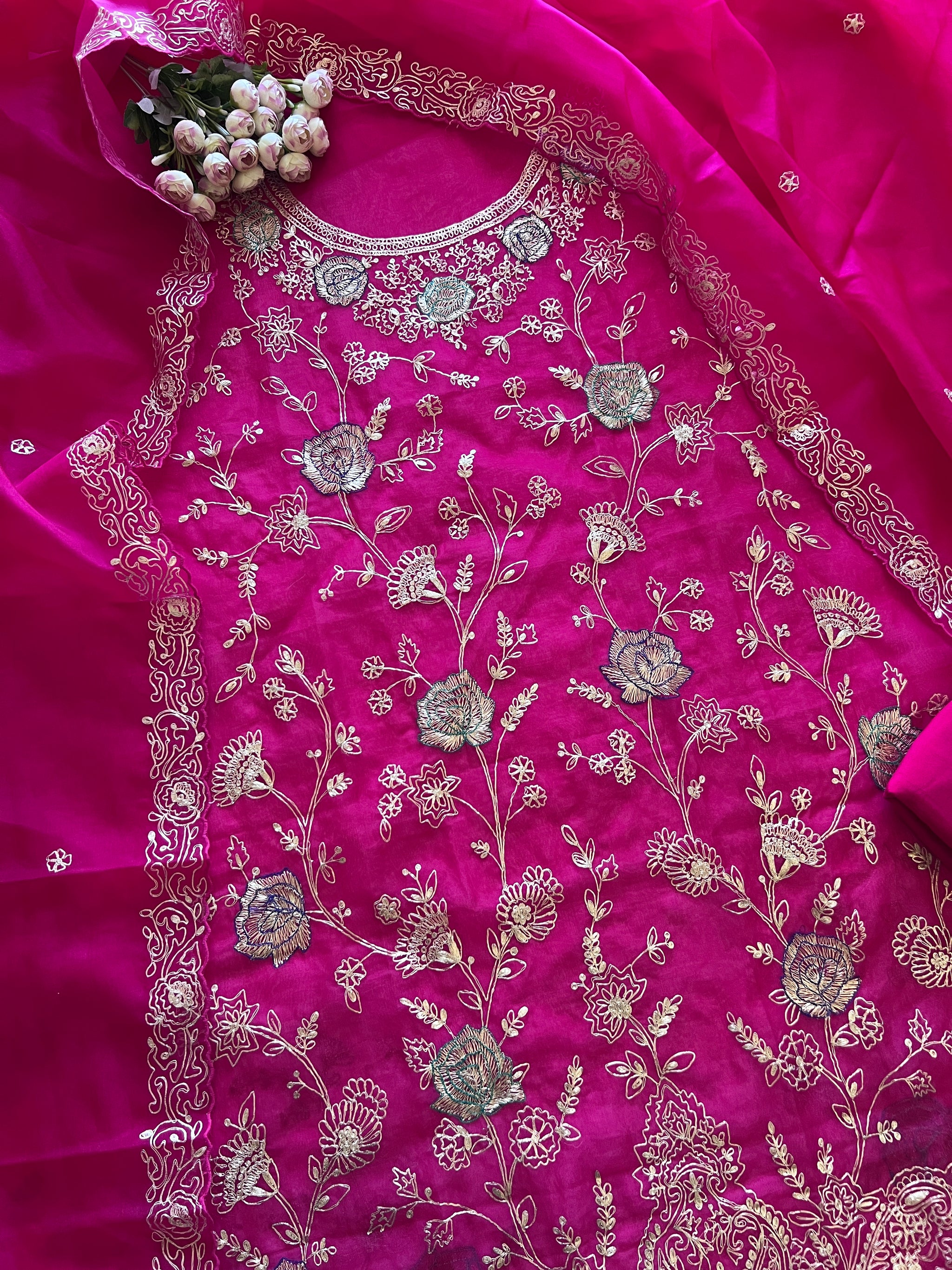 Pure Silk Organza Full embroidered premium unstitched suit in Hot Pink
