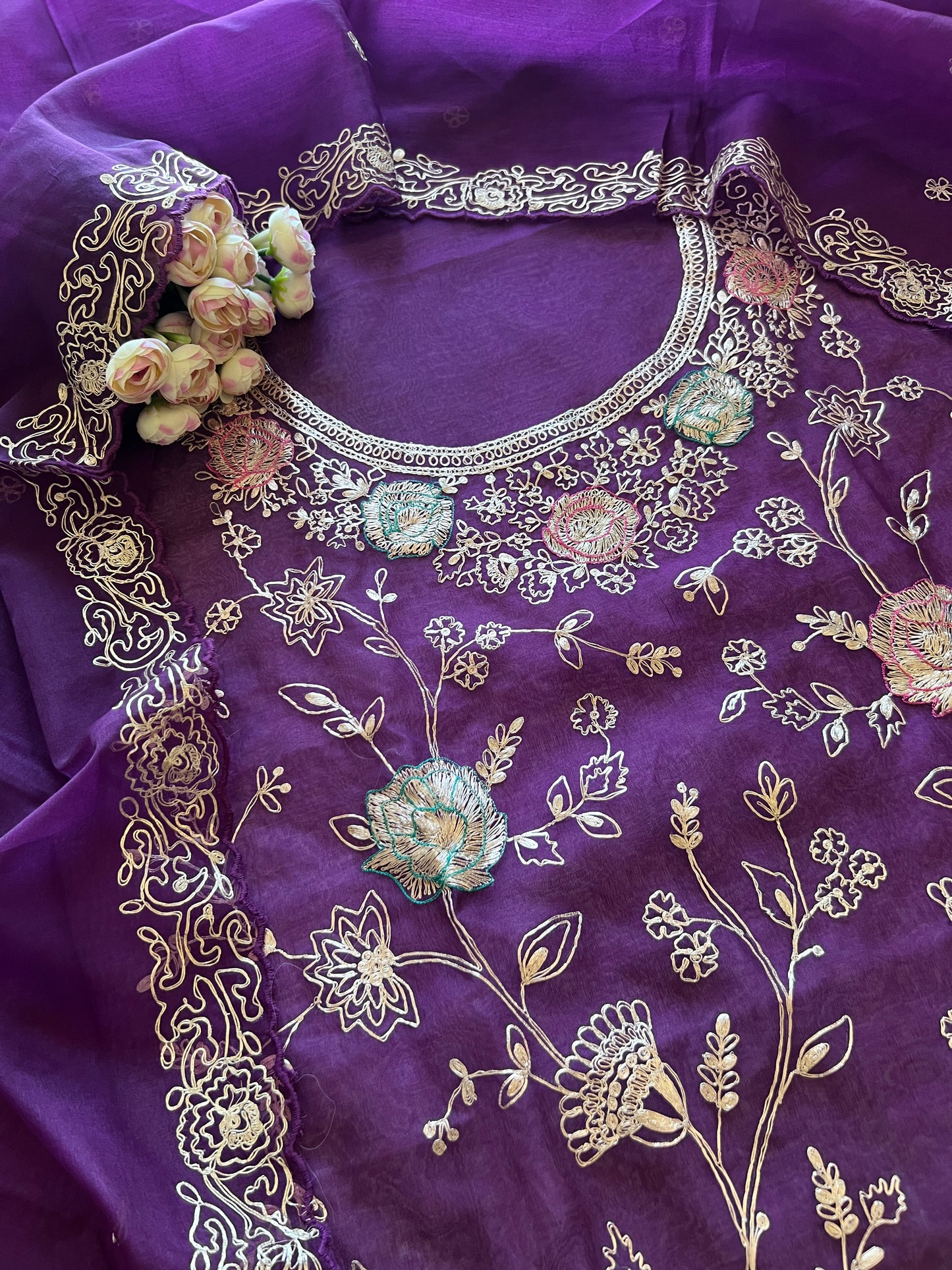 Pure Silk Organza Full embroidered premium unstitched suit in Purple