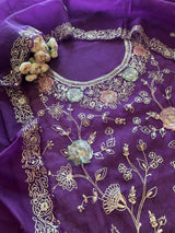 Pure Silk Organza Full embroidered premium unstitched suit in Purple
