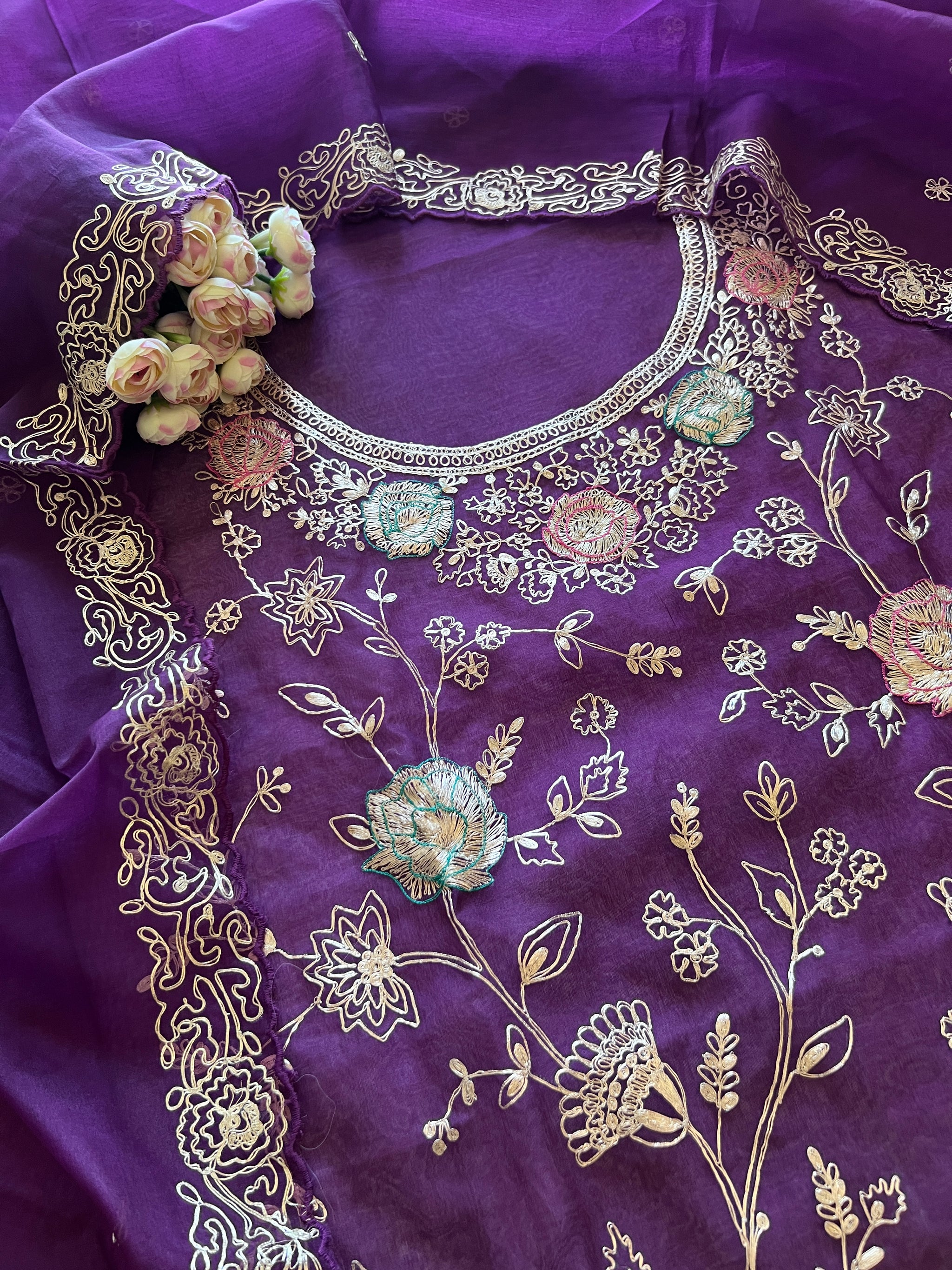 Pure Silk Organza Full embroidered premium unstitched suit in Purple