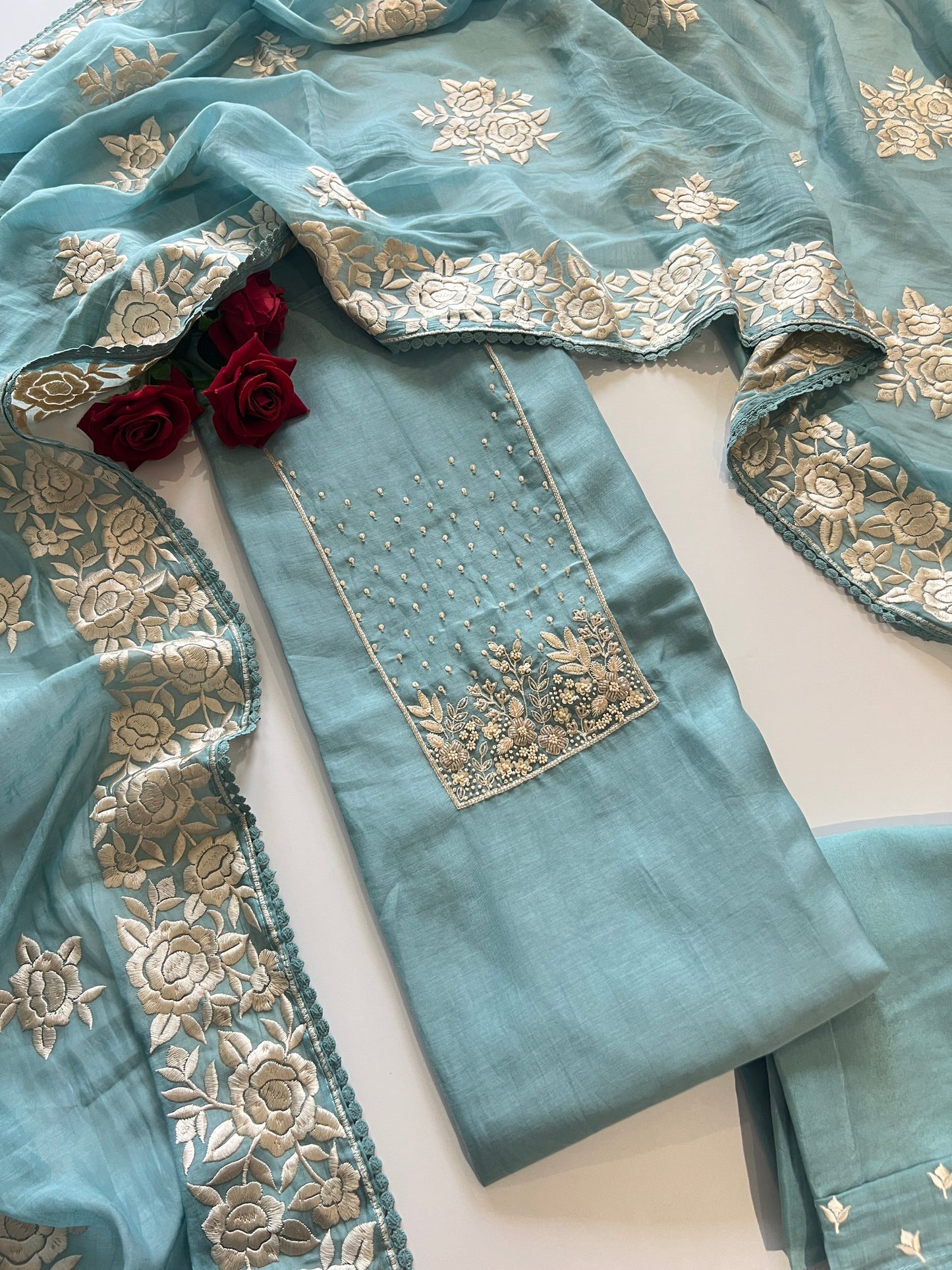 Blue Mul Chanderi Handwork with Parsi dupatta Unstitched Suit set