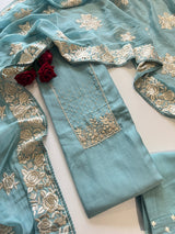 Blue Mul Chanderi Handwork with Parsi dupatta Unstitched Suit set