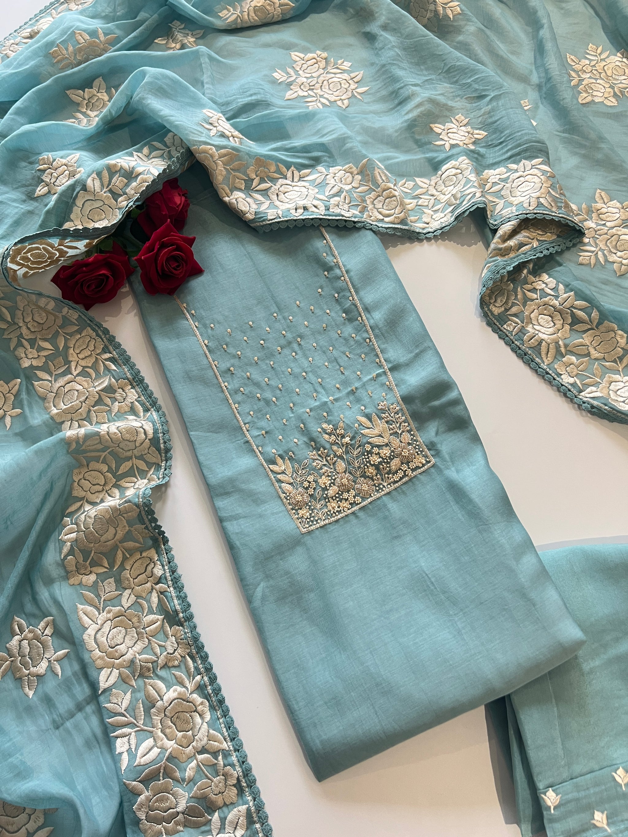 Blue Mul Chanderi Handwork with Parsi dupatta Unstitched Suit set