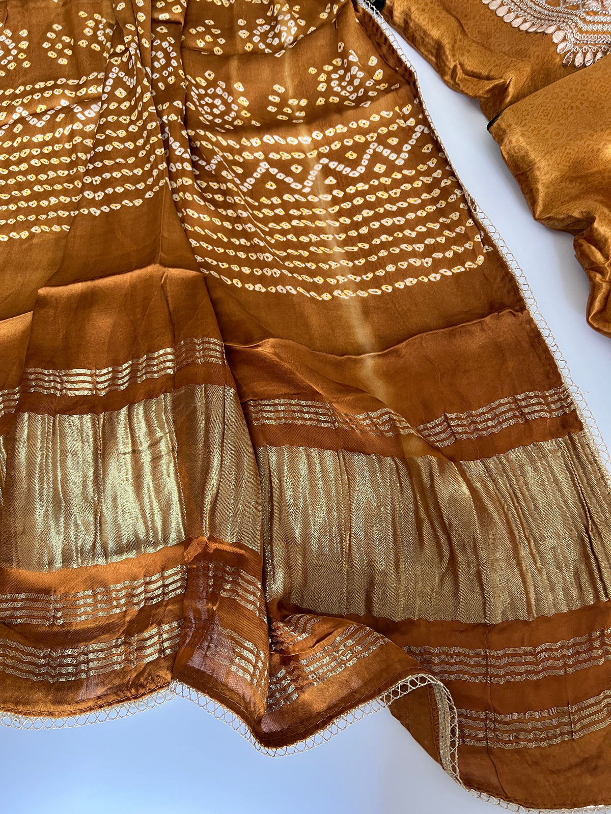 Gold Gajji Silk With gotta work neck Unstitched suit