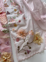 Pink 3D Embroidery on semi Organza premium unstitched dress material with floral work