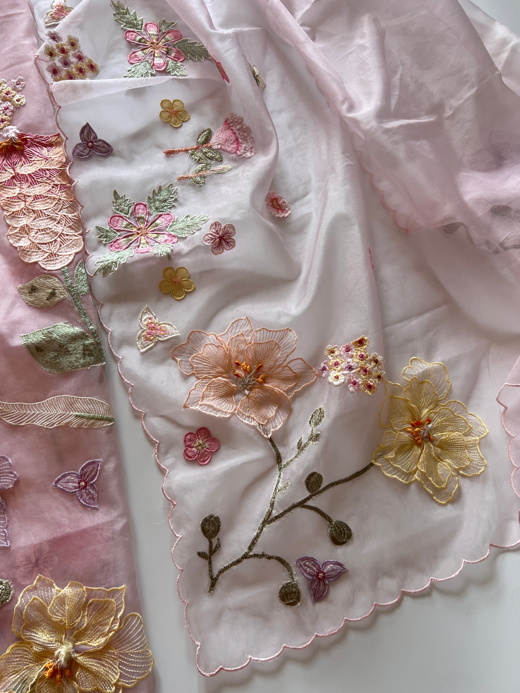 Pink 3D Embroidery on semi Organza premium unstitched dress material with floral work