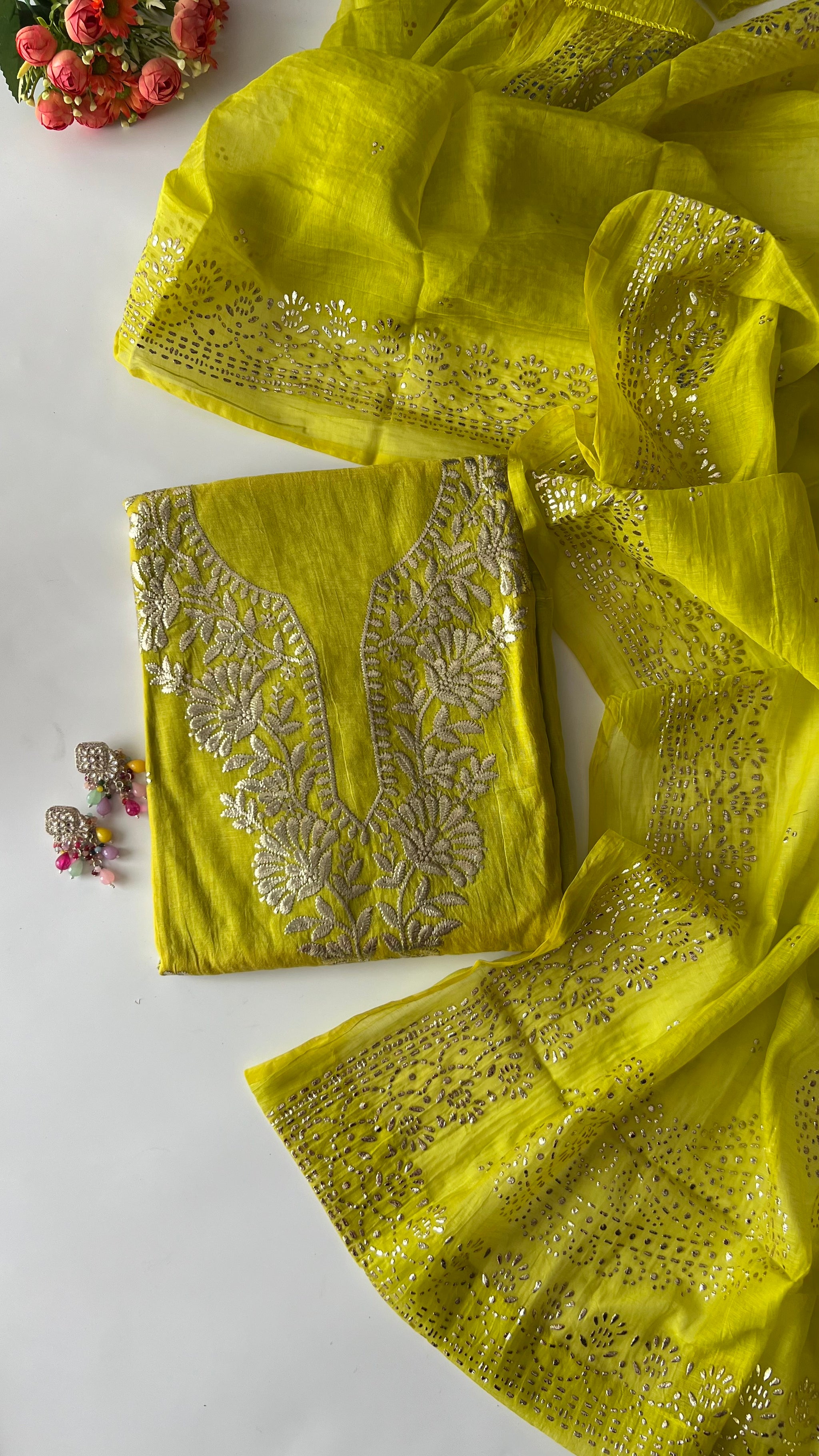 Green Mul Chanderi dress material with pitta and mukaish work
