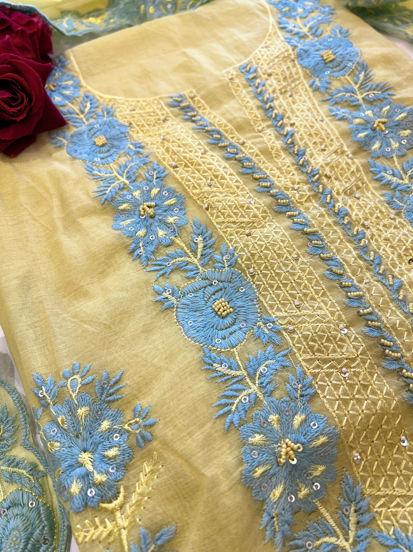 Yellow Mul Chanderi embroidered Unstitched Suit