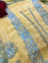 Yellow Mul Chanderi embroidered Unstitched Suit