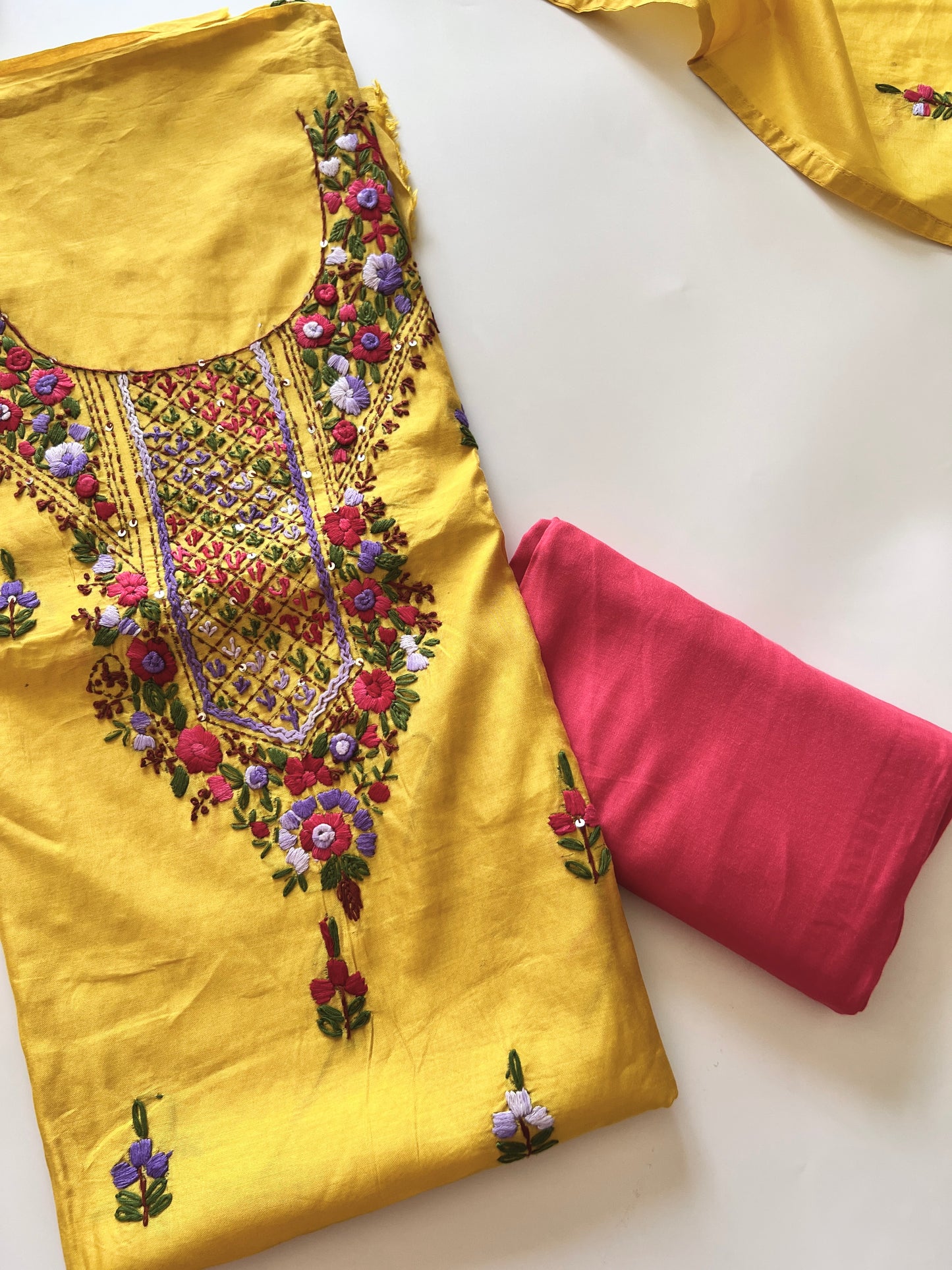 Yellow knot embroidery Unstitched suit material