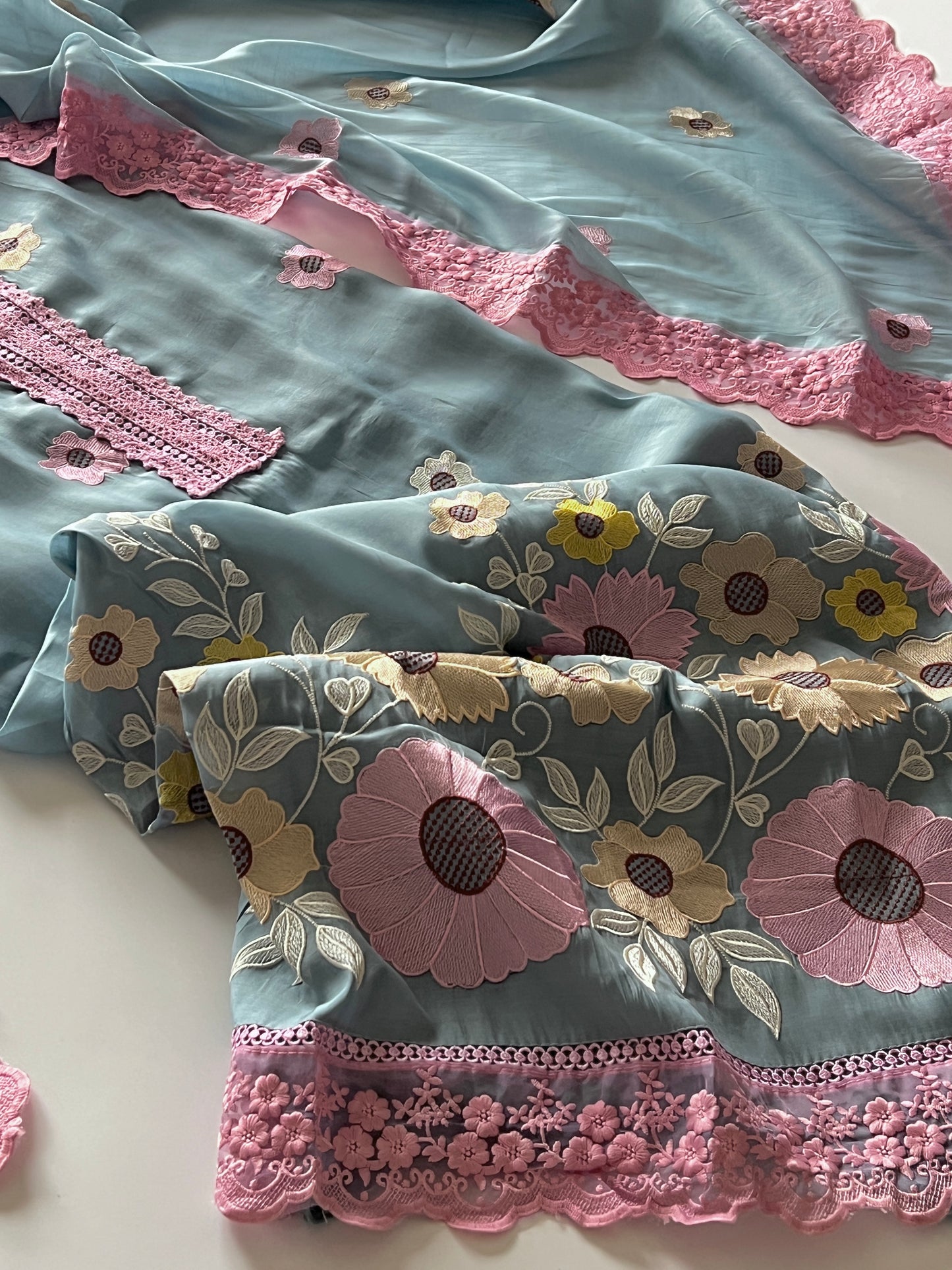 Blue Sunflower Embroidery Mul Masleen Dress material