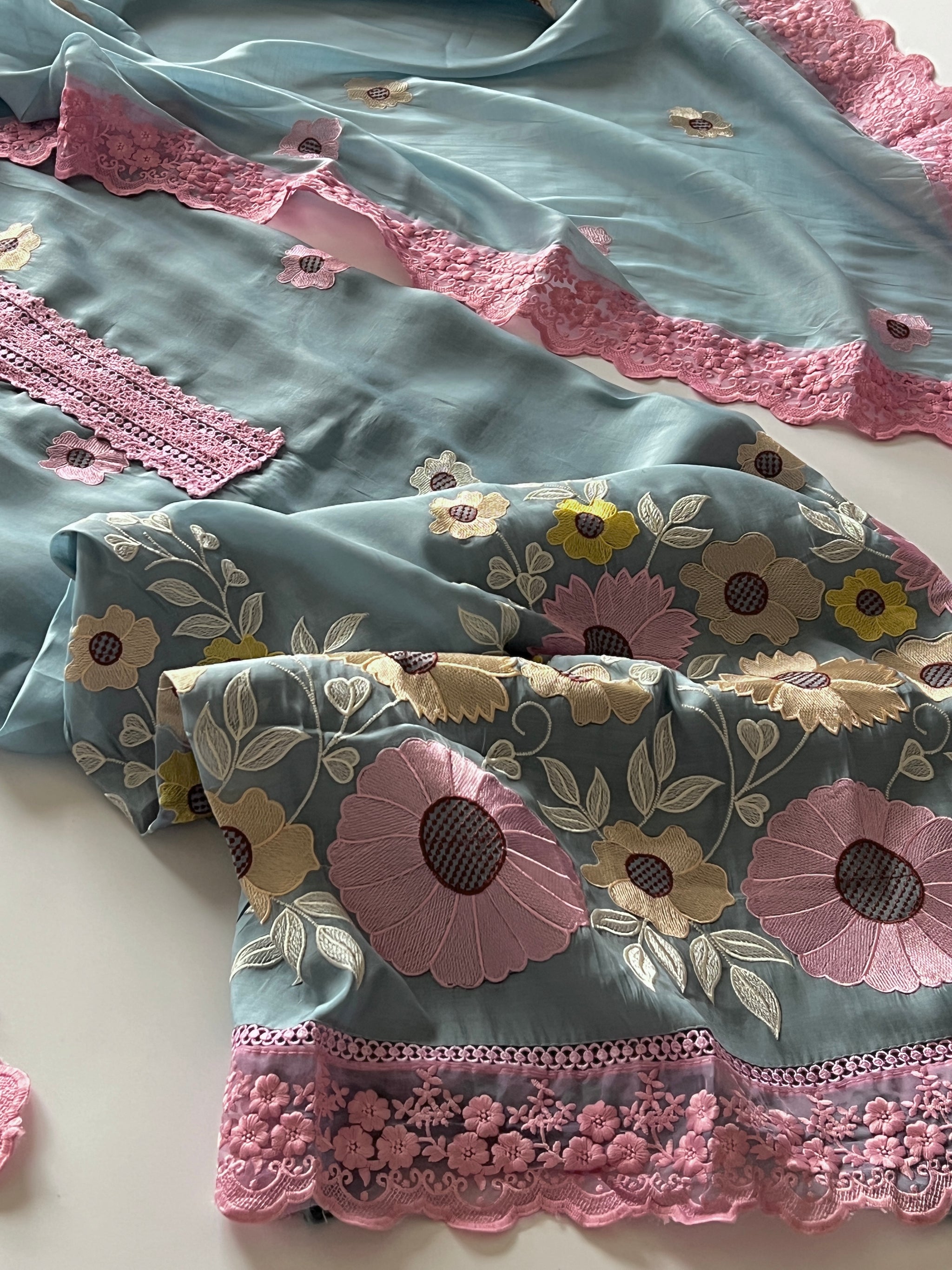 Blue Sunflower Embroidery Mul Masleen Dress material