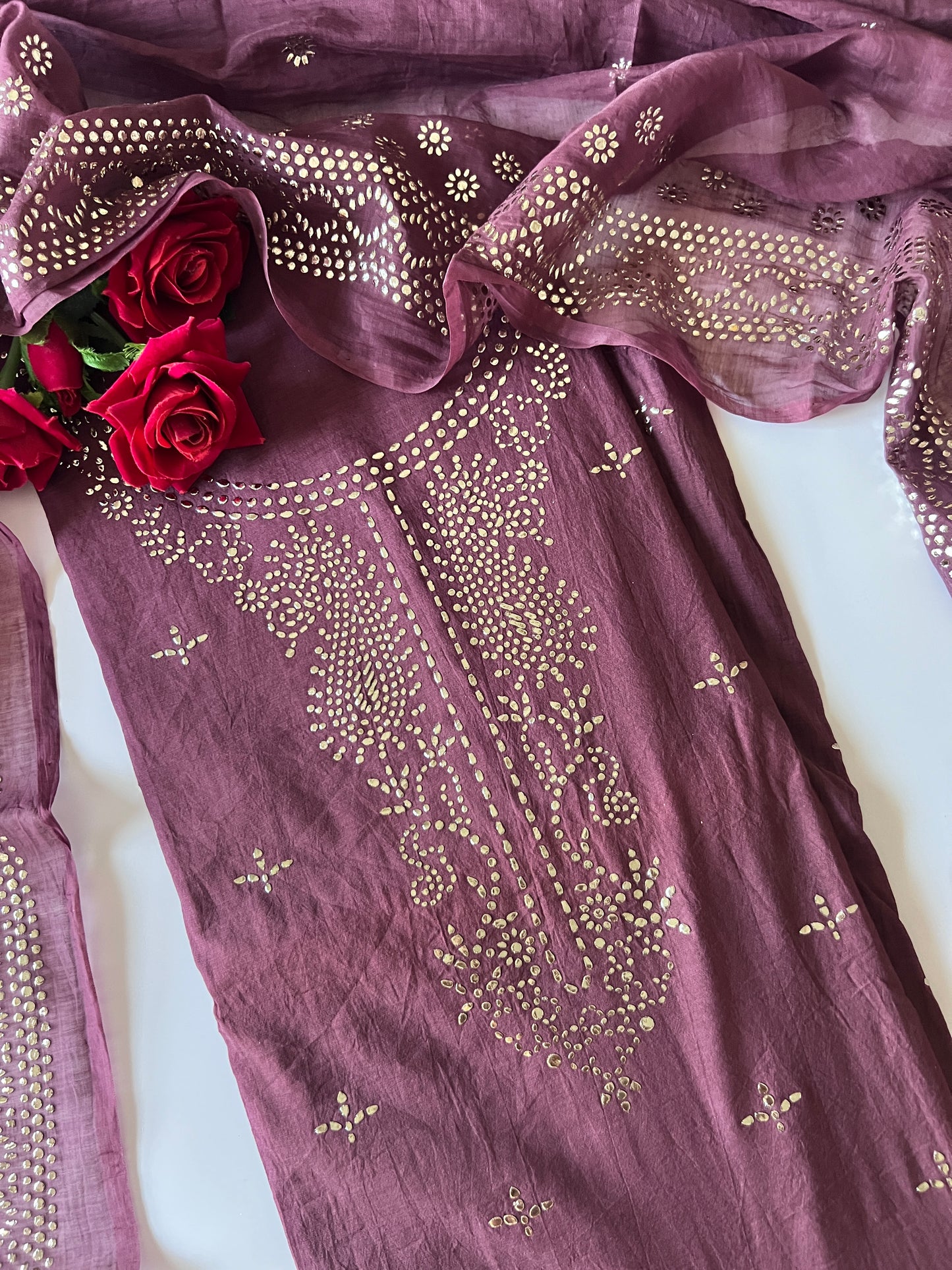 Purple Mul Chanderi dress material with mukaish