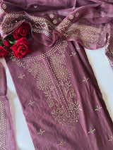 Purple Mul Chanderi dress material with mukaish